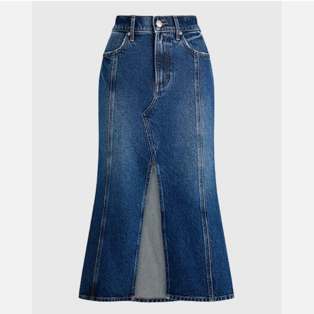 Express Super High Waisted Flare Hem Front Slit Denim Midi Skirt 8 - Picture 3 of 10